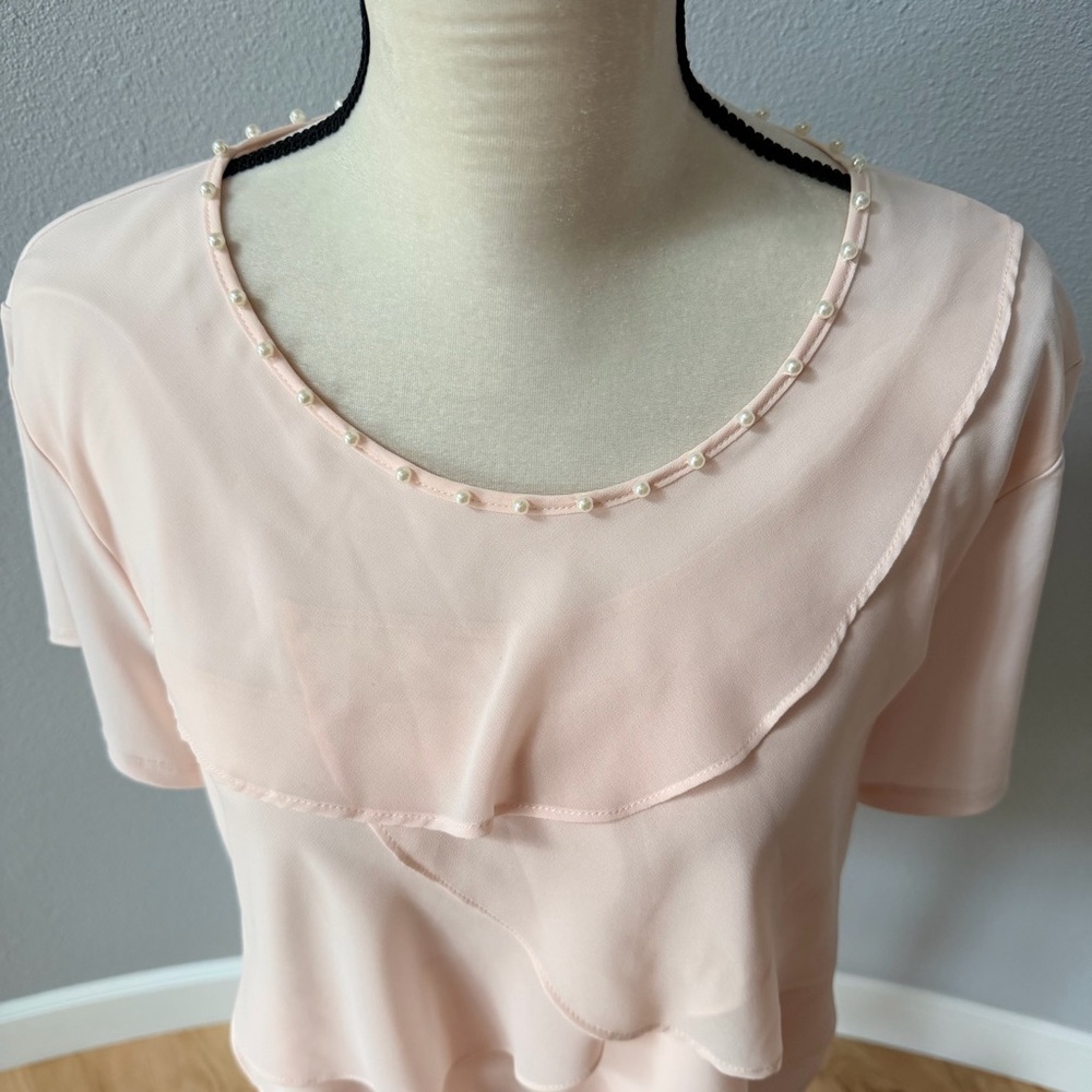 Karl Lagerfeld Paris Tiered Short Sleeve Soft Pink Layered Blouse - Picture 3 of 13
